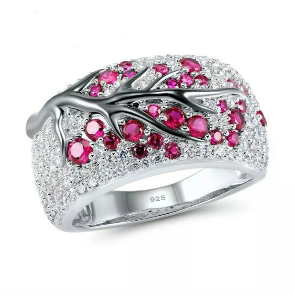 Pink Sapphire Peach Blossom Tree 925Sterling Ring